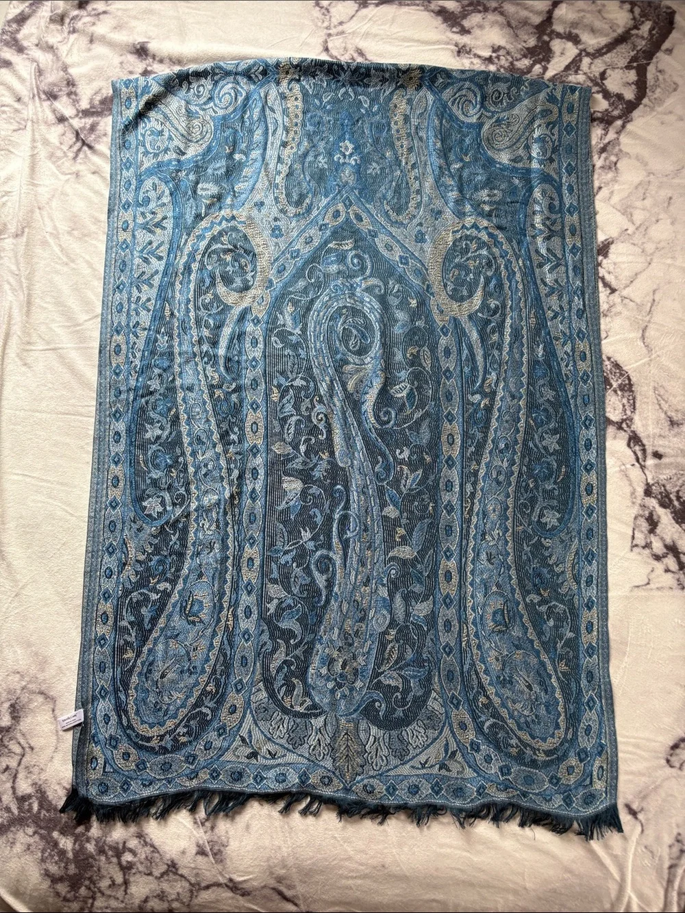 Blue Paisley Floral Boho Chic 100% Silk Scarf Wrap with Fringe - XL 80x27
